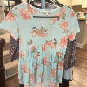 Moa Moa Pink and Green Floral Blouse Short Sleeve Pleated